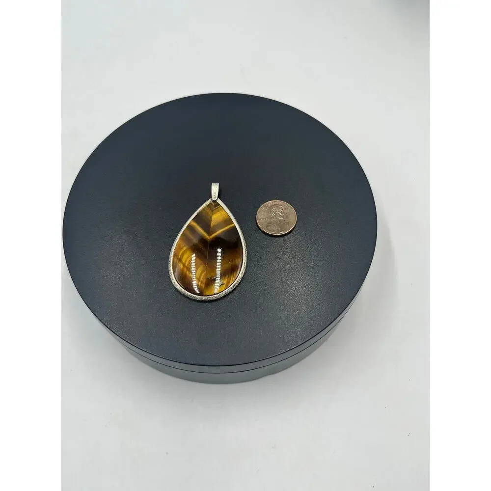 By Schneider‎ Signed Vintage Sterling Silver Bezel Large Tigers Eye Pendant